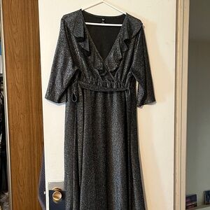 Shimmery Black Wrap-Style Maxi Dress